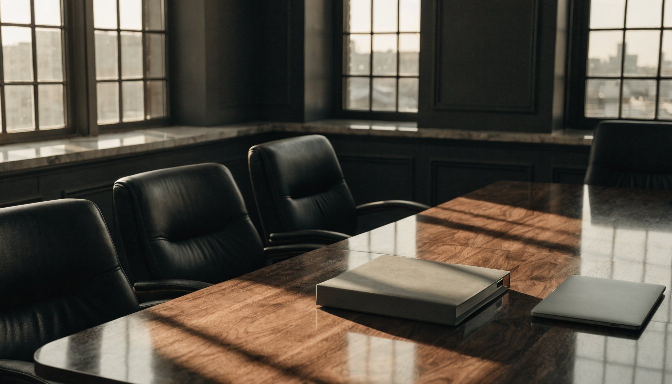 A closed binder on a boardroom table in late afternoon light